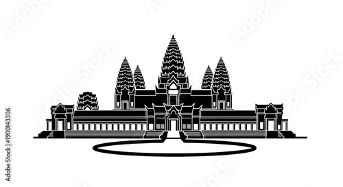 Angkor Wat Cambodia Temple Silhouette, Isolated White Background
