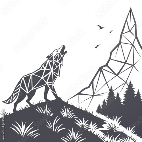 A lone wolf howling at the full moon atop a snowy mountain peak