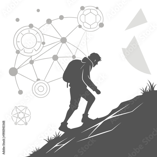 A hiker navigating through a network of interconnected nodes on a mountain trail