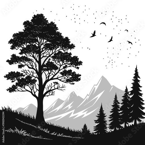 A serene landscape with a lone tree and distant mountains under a starry sky