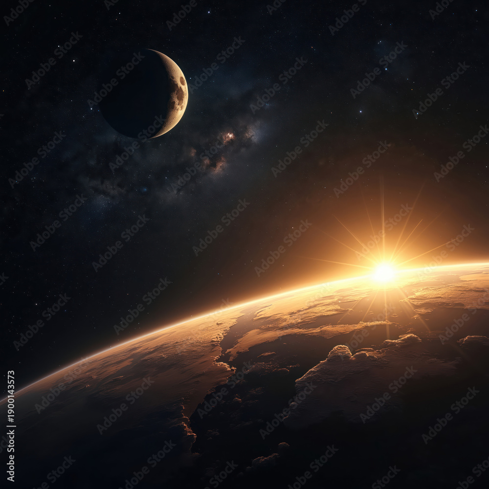 Fototapeta premium Sunrise over planet Earth seen from space with moon and stars visible. Vast dark cosmos with glowing sun flares and nebulae clouds surrounds our home globe.