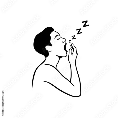 Tired Man Yawning and Sleeping Line Art Illustration - Insomnia and Exhaustion Vector