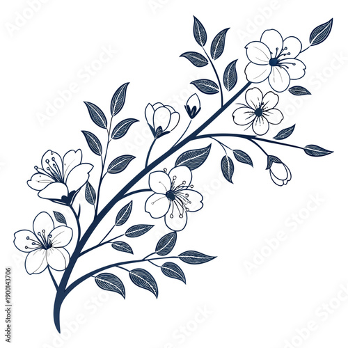 Delicate blue floral branch with intricate detailing and soft shading
