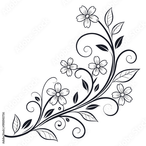 Intricate black and white floral design with elegant swirls and leaves