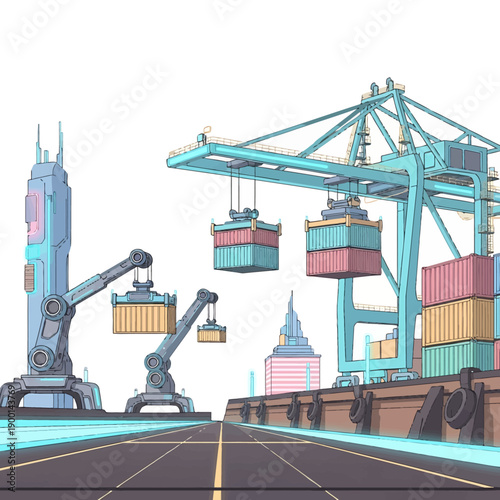 Industrial cranes loading cargo containers onto a large ship at a bustling dockyard with city skyline in the background