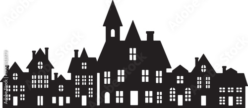 Black silhouette of a row of houses with steeply pitched roofs also transparent background buildings