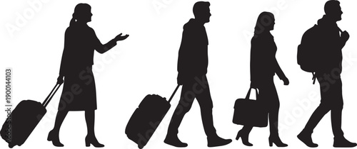Silhouettes of four travelers walking with luggage on white background also transparent background people