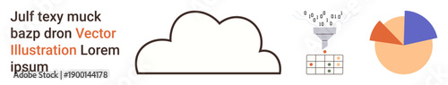 Technology, data analysis, cloud services, information management, big data, presentation tools. A cloud icon, data funnel table and pie chart. Technology and data analysis concept