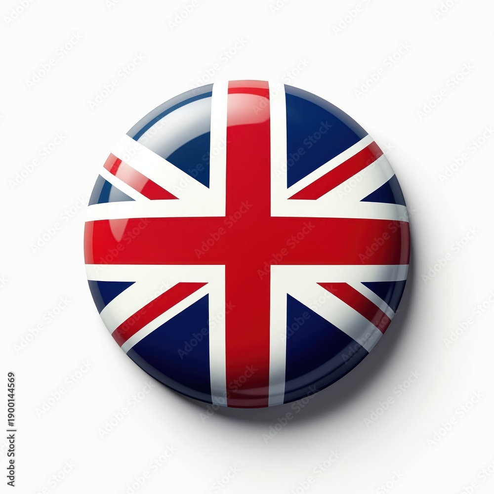 Obraz premium Round glossy badge displays Union Jack flag design. Simple emblem represents United Kingdom nation, identity, and patriotism. Useful for travel, news, or events.