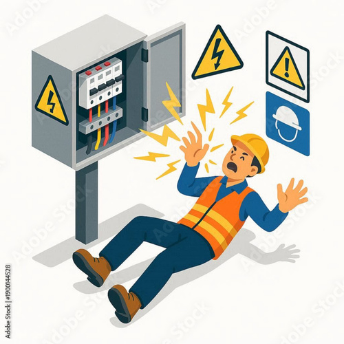 Electric Shock Accident at Electrical Panel, Workplace Safety Hazard Illustration