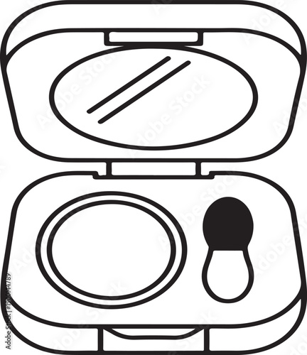 Vector makeup palette with brush, compact case open, black lines on white background, for beauty or cosmetics mockup, Isolated on transparent background