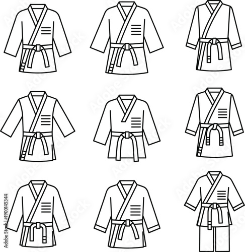 Martial Arts Uniform Line Art Set Featuring Black and White Outlines of Judo Karate and Jujutsu Gis with Belts and Traditional Training Apparel for Sports Design