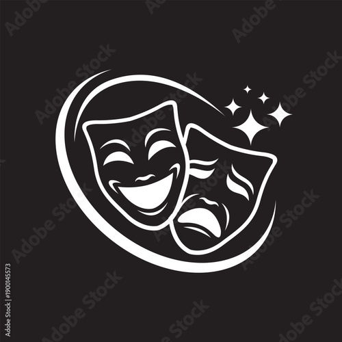 icon of comedy and tragedy theatrical masks isolated on black background