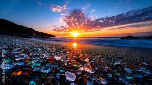 AI generator images of Glass Beach, located in Fort Bragg, California, USA, is famous for having millions of colorful glass shards covering the shoreline instead of sand.
