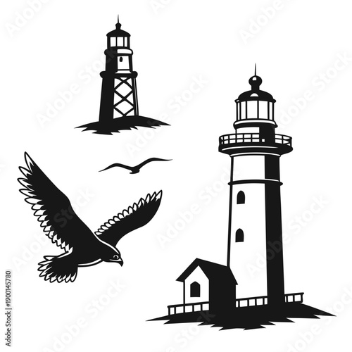 A serene lighthouse scene with birds and a distant tower