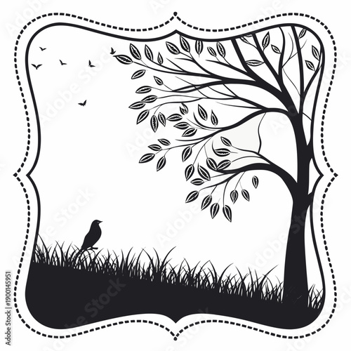 A solitary figure stands beneath a towering tree at the edge of a dark forest.