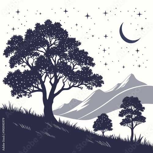 A serene night landscape with a crescent moon and a solitary tree on a hill.