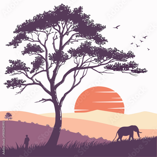 Sunset over the savannah with a lone acacia tree and grazing animals