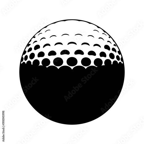 A black and white vector graphic illustration of a golf ball with dimples