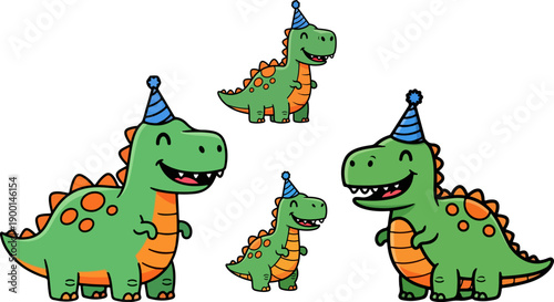 Four cheerful cartoon tyrannosaurus rex dinosaurs wearing blue party hats illustrating a fun birthday celebration with joyful expressions isolated on black.