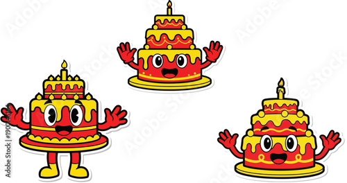 Cheerful cartoon illustration set featuring three distinct happy anthropomorphic three tiered birthday cakes with yellow icing and celebratory candles against a dark background.