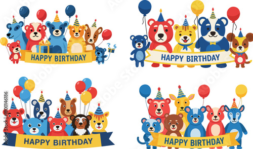 Adorable collection of four separate happy birthday banner designs featuring various colorful cartoon bears celebrating with festive hats and balloons