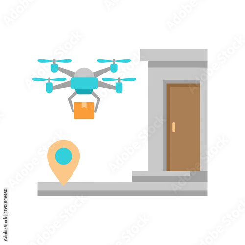 Flat vector illustration of a delivery drone dropping a package at house entrance with location pin, isolated on white background, suitable for modern logistics, last mile delivery