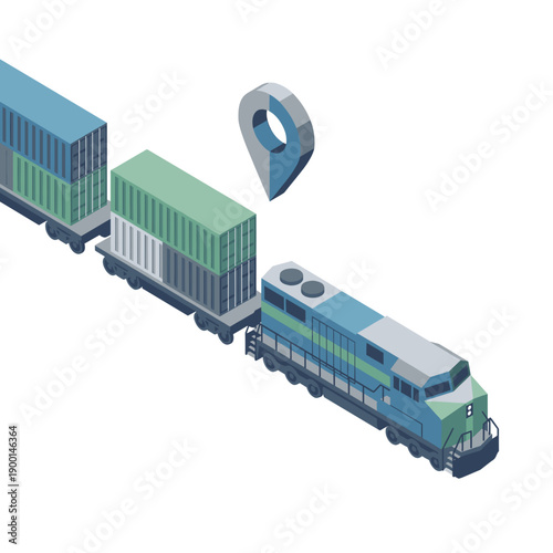 Isometric flat vector illustration of a freight train with cargo containers and location pin, isolated on white background, suitable for rail logistics, cargo transportation and delivery tracking