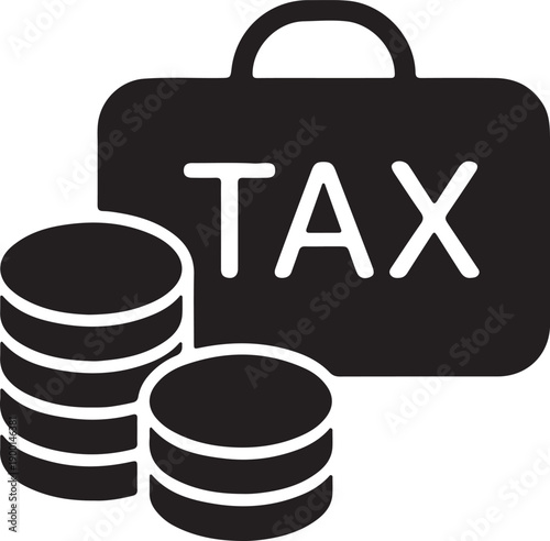 Black and White Tax Icon with Briefcase and Coins – Financial, Government, and Money Symbol for Business and Economics