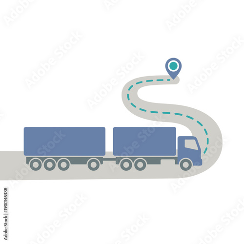 Flat minimal vector illustration of a cargo truck on a winding road with destination location pin, isolated on white background, suitable for logistics, freight transport and delivery route design.