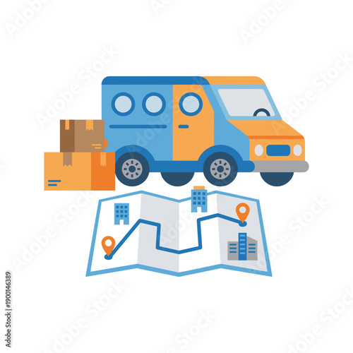 Flat vector illustration of a delivery van with cardboard boxes and a city map with route and location pins, isolated on white background, suitable for logistics, parcel delivery and courier service 