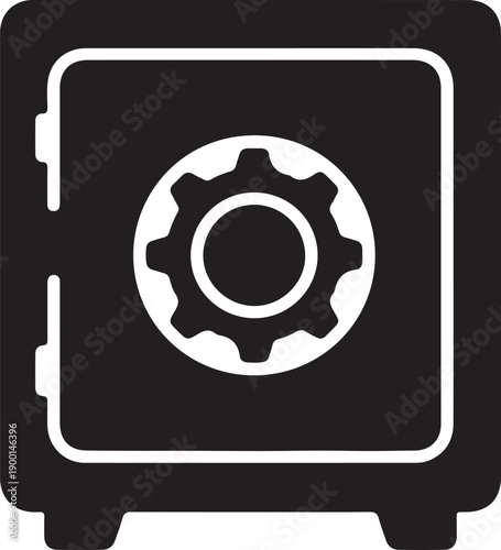 Black and White Vector Safe Icon with Gear Lock – Security, Protection, Banking, Finance, Vault Symbol Illustration