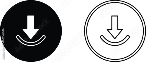 Black and white of a download symbol with an arrow pointing into a curved line save