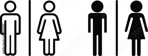 Gender neutral restroom signs with male and female figures in black and white outlines Keywords