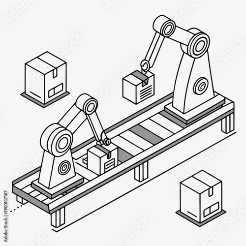 Minimalist vector art of a robotic assembly line powered by artificial intelligence, showcasing automated manufacturing.