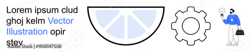 Creativity, workflow, productivity, design, engineering, business concepts. Lemon slice, gear icon person holding bulb. Creativity and workflow concepts are highlighted