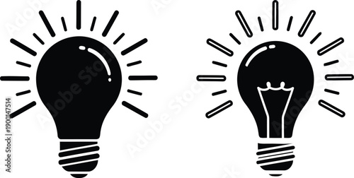 Two black and white of light bulbs with radiating lines symbolizing ideas and inspiration