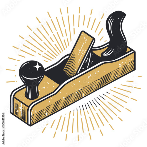 Vintage wood planer tool with rays of light in retro style  