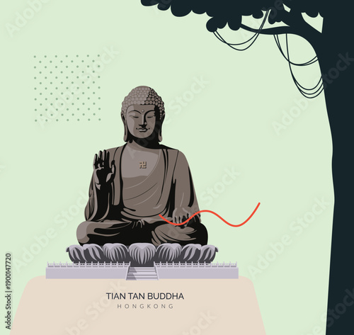 Tian Tan Buddha on Mount Muk Yue - Hongkong - Stock Illustration