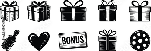 Black and white gift box icons, celebration symbols, bonus sign, heart shape, bottle silhouette, cookie design, rewards illustration, festive elements