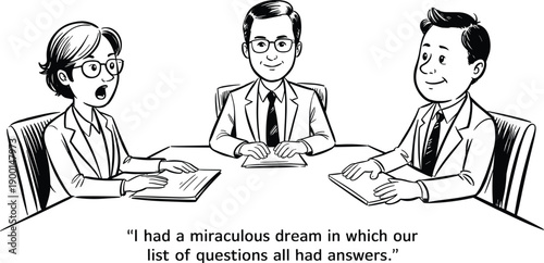 Cartoon business meeting illustration, office discussion, professional teamwork, humorous workplace sketch, colleagues talking, corporate communication, brainstorming session, academic context drawing