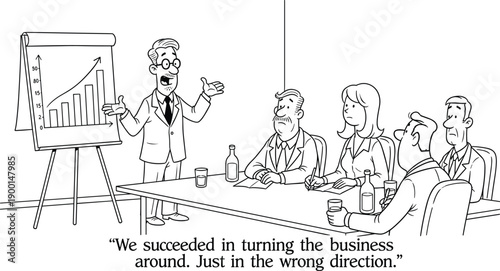 Cartoon business meeting illustration, conference table discussion, flip chart presentation, declining bar graph, humorous workplace sketch, corporate communication, teamwork concept drawing