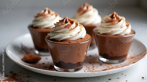 Rich Chocolate Mousse Cups with Whipped Cream and Cocoa Dust