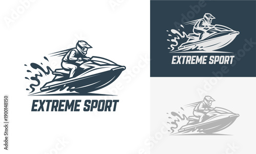 Dynamic jet skier in action on water vehicle, showcasing extreme sports activity with rider and waves from a high-speed viewpoint