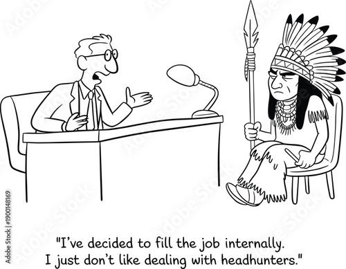 Cartoon office humor illustration, corporate recruitment joke, headhunter pun, business meeting sketch, workplace comedy, professional communication, hiring process cartoon drawing