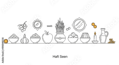 Traditional haft seen table setting with food and symbols