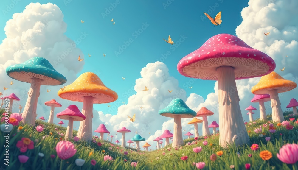 Fototapeta premium Whimsical field with giant colorful mushrooms and butterflies flying under a bright blue sky. Lush green grass and pink flowers fill the foreground, creating a magical scene.