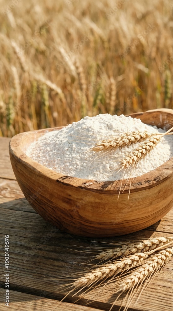 Fototapeta premium Flour filling a rustic wooden bowl, with golden wheat ears resting on top of the flour and on a weathered wooden table, set against a blurred wheat field background