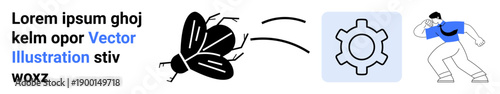 Bug flying toward a gear, person shielding against motion, and placeholder text. Ideal for creativity, workflow, problem-solving, teamwork, innovation, technology simple landing page