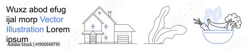 Home decor, sustainability, healthy eating, organic lifestyle, minimalism, vector design. A house, leafy plant and a bowl with fruits and vegetables in line art. Home decor and sustainability